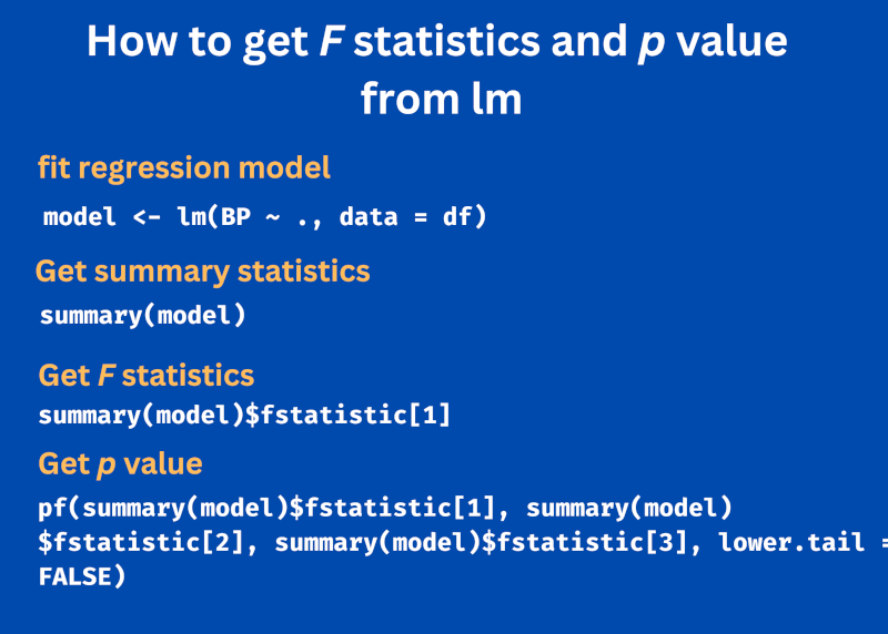 get F statistics and p value
from lm