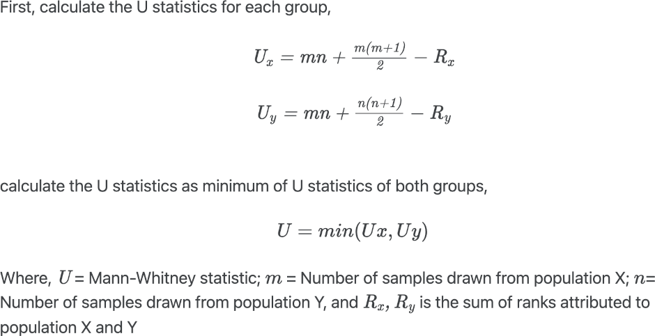 Mann-Whitney U Test formulas